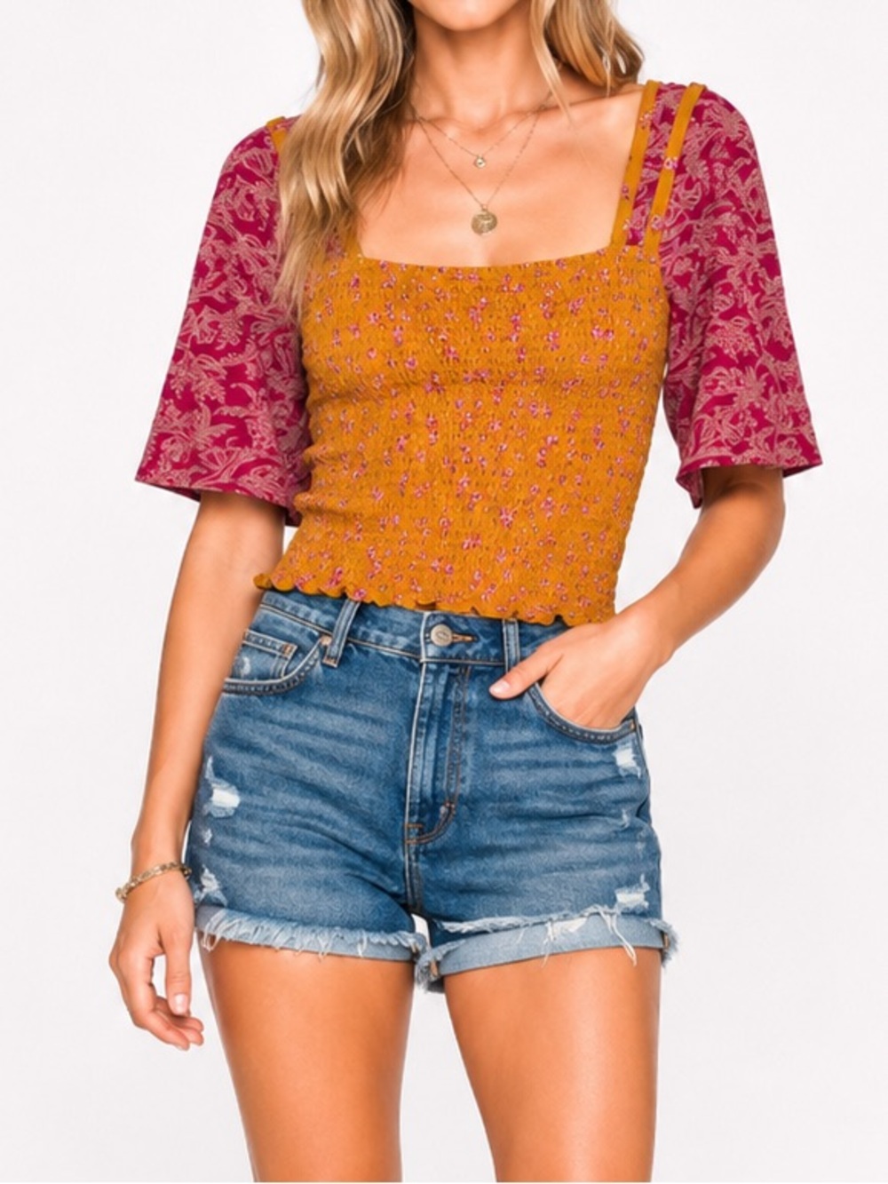 FREE PEOPLE Marigold Top - Size Small-Golden Floral Smocked Boho Crop Blouse-NWT
